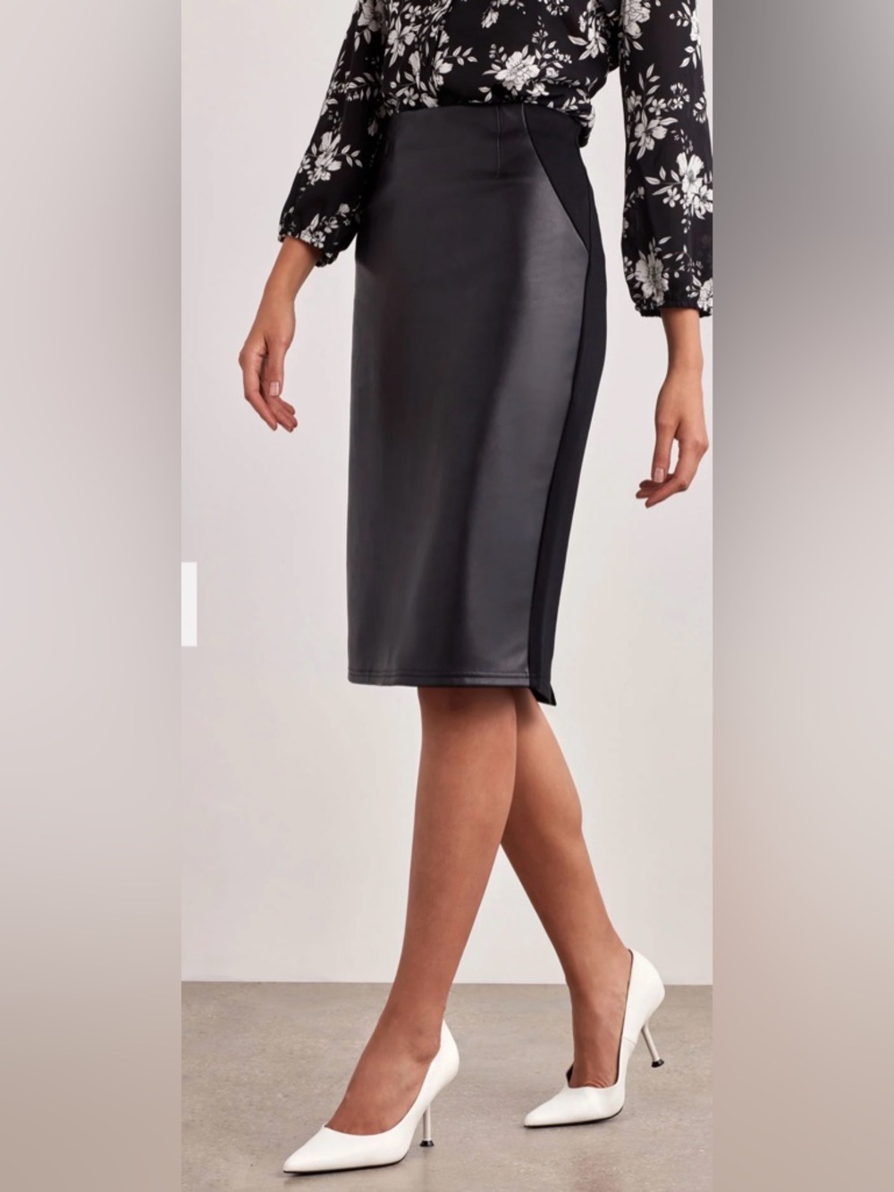 Ellen Tracy vegan leather black modern professional edgy chic Ponte skirt XS - Picture 3 of 8